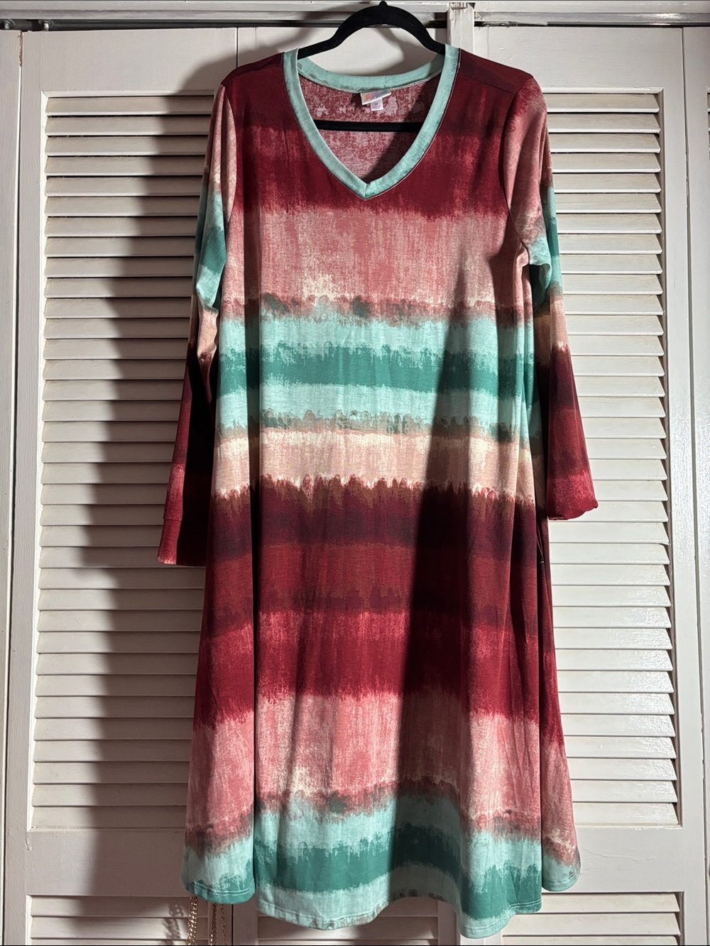 Striped V-Neck Long Sleeve Dress in Burgundy and Teal